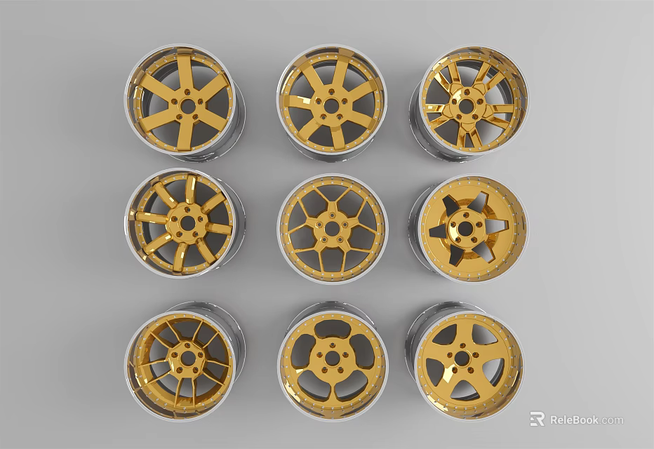 Nine Car Wheel Rims With Various Gold And Silver Designs Arranged In 3d model 