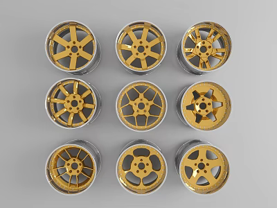 Nine Car Wheel Rims With Various Gold And Silver Designs Arranged In 3d model