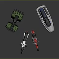 Two Stylish Black and Red Motorcycles with Green ATV and White Jet Ski Displayed Together