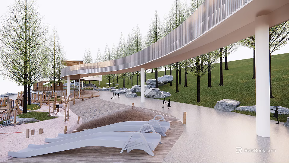 Modern Park Landscape Featuring Curved Walkway Green Lawn Trees And Resting Chairs 3d model 