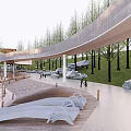 Modern Park Landscape Featuring Curved Walkway Green Lawn Trees And Resting Chairs