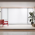 Modern White Striped Curtains in Bright Sunlit Laundry Room with Red Chair and Green Plant