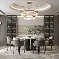 Elegant Restaurant Interior With Round Dining Table Chandelier Landscape Painting And Glass Display Cabinets