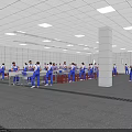 Indoor Training Space With Many People In Blue Work Uniforms And White Walls