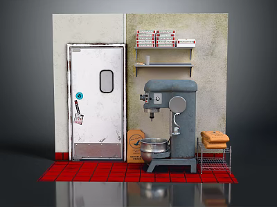 Gray Mixer Kitchen Appliance In Retro Kitchen With Red Tile Floor Metal Shelf 3d model