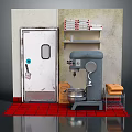 Gray Mixer Kitchen Appliance In Retro Kitchen With Red Tile Floor Metal Shelf