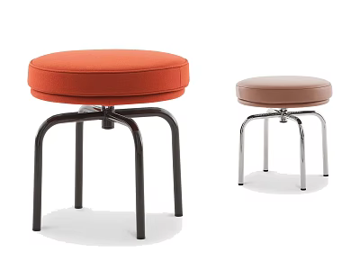 Modern Orange and Light Brown Round Upholstered Stools with Black and Silver Metal Legs 3d model
