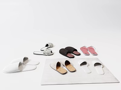 Various Colored Slippers Including White Black Pink And Patterned On Soft Carpet 3d model