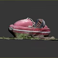 Small Red Open Top Boat Model With Seats On Grass Dirt Base