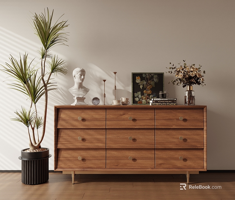 Wooden Entryway Side Cabinet with Drawers Decorative Bust Vase Flowers and Potted Plant in Sunlight 3d model 