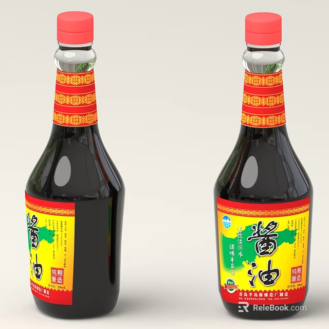 Soy Sauce Bottles With Yellow Labels Red Decorative Bands And Chinese Characters 3d model 