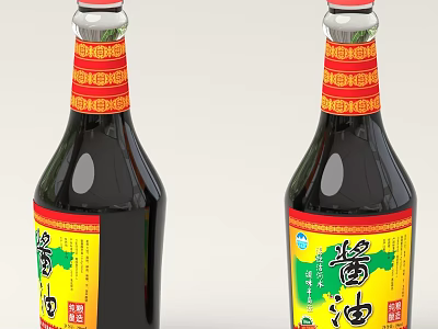 Soy Sauce Bottles With Yellow Labels Red Decorative Bands And Chinese Characters 3d model