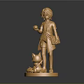 Golden Statue Standing Figure With Small Animal Companion On Circular Shiny Base
