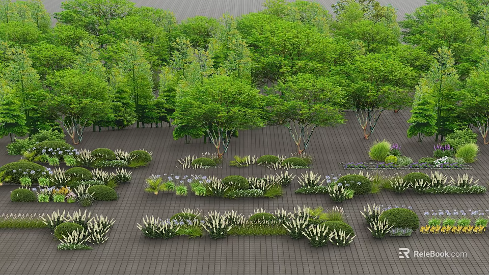 Diverse Garden Flowers And Green Plants With Various Shrubs On Wooden Deck 3d model 