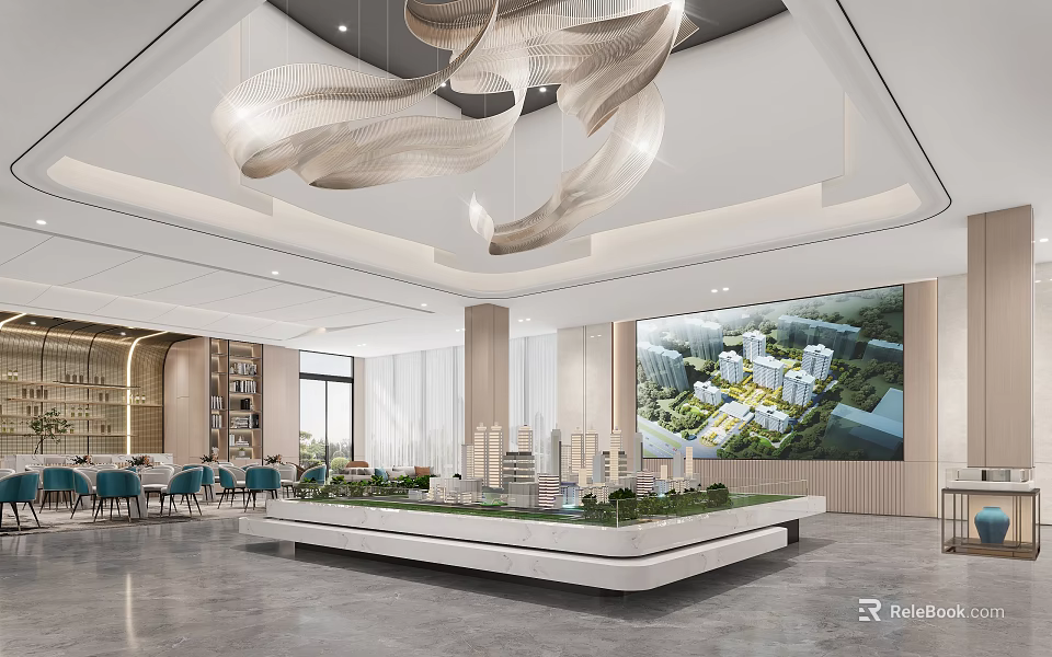 Modern Property Sales Office Interior With Building Model Large Screen And Chandelier 3d model 