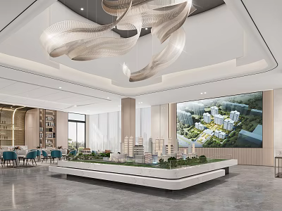 Modern Property Sales Office Interior With Building Model Large Screen And Chandelier 3d model