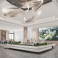 Modern Property Sales Office Interior With Building Model Large Screen And Chandelier