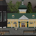 European Style Commercial Street With Clock Tower Cobblestone Square And Wooden Benches
