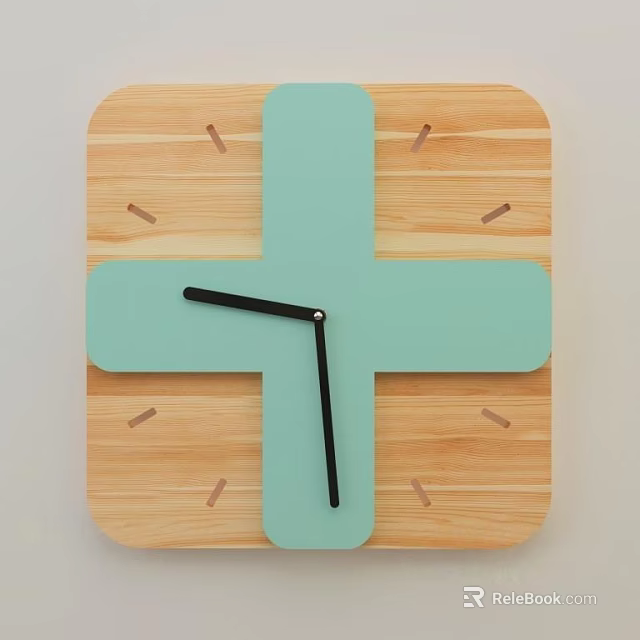 Square Wooden Wall Clock With Light Blue Cross Dial Black Hands And Minimalist Design 3d model 