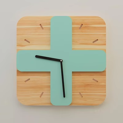Square Wooden Wall Clock With Light Blue Cross Dial Black Hands And Minimalist Design 3d model