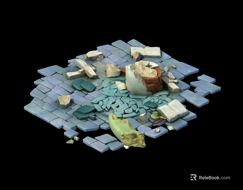 Broken Building Components Including Blue Gray Bricks White Stones And Green Debris On Black Background 3d model