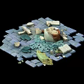 Broken Building Components Including Blue Gray Bricks White Stones And Green Debris On Black Background 3d model