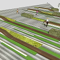 Modern Outdoor Chairs In Public Stepped Platforms With Green Plants And People