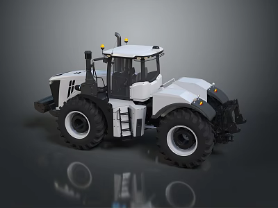 White Tractor With Large Black Wheels And Cabin On Reflective Surface 3d model