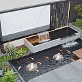 Courtyard Garden With Koi Fish Pools Waterfalls Lush Greenery Stone Slabs Wooden Deck And Bamboo