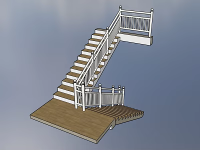 Wooden Stairs With White Railings And Lower Platform For Home Interior 3d model