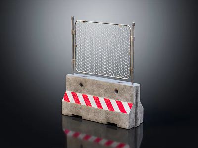 Construction Safety Barrier with Concrete Base Red White Stripes and Metal Mesh Fence 3d model