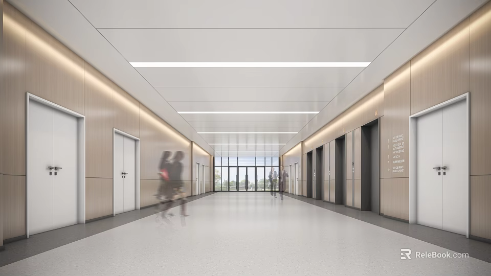 Modern Elevator Hallway With Bright Ceiling Lights Wooden Walls Glass Windows And Spacious Floor 3d model 