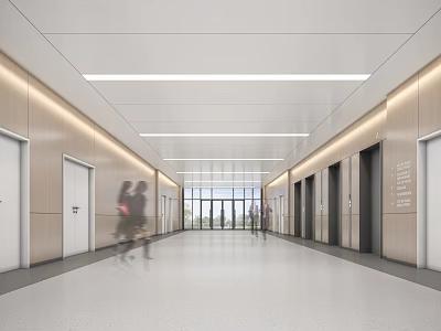 Modern Elevator Hallway With Bright Ceiling Lights Wooden Walls Glass Windows And Spacious Floor 3d model