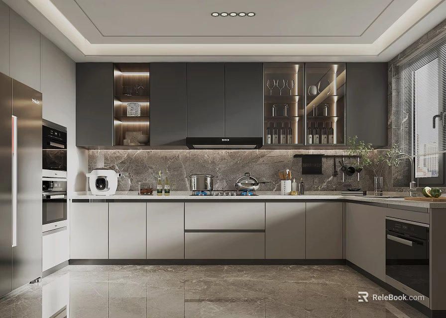 Modern Kitchen Interior Design With Island White Countertops Gray Cabinets And Appliances 3d model 