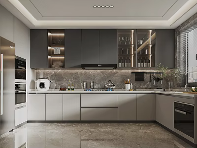 Modern Kitchen Interior Design With Island White Countertops Gray Cabinets And Appliances 3d model