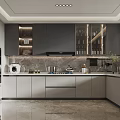 Modern Kitchen Interior Design With Island White Countertops Gray Cabinets And Appliances