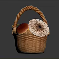 Colorful Food Items in Wicker Basket with Yellow Red Fruits and Mushroom Shaped Snacks