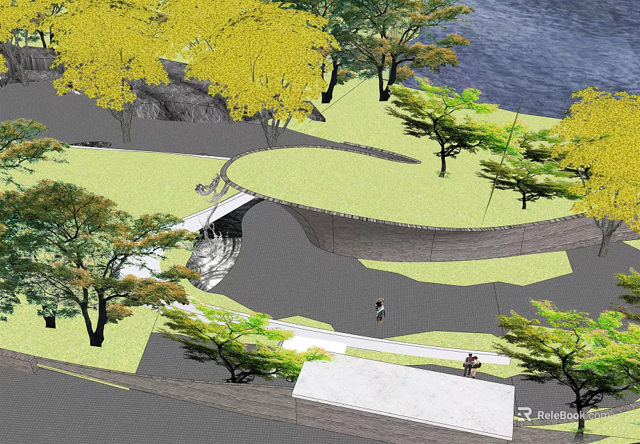 Scenic Garden Landscape Featuring Curved Pathways Lush Green Grass Yellow Trees And Waterfront Walkers 3d model 