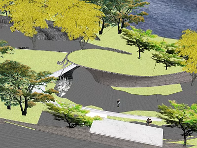 Scenic Garden Landscape Featuring Curved Pathways Lush Green Grass Yellow Trees And Waterfront Walkers 3d model