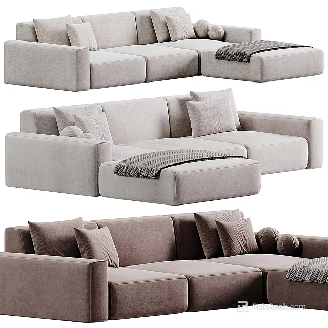 Modern Comfortable Sectional Sofa Interior With Plush Pillows And Cozy Throw Blanket 3d model