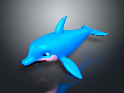 3D Blue Dolphin Toy Figure With Glossy Finish And Pink Underbelly On Dark Surface 3d model