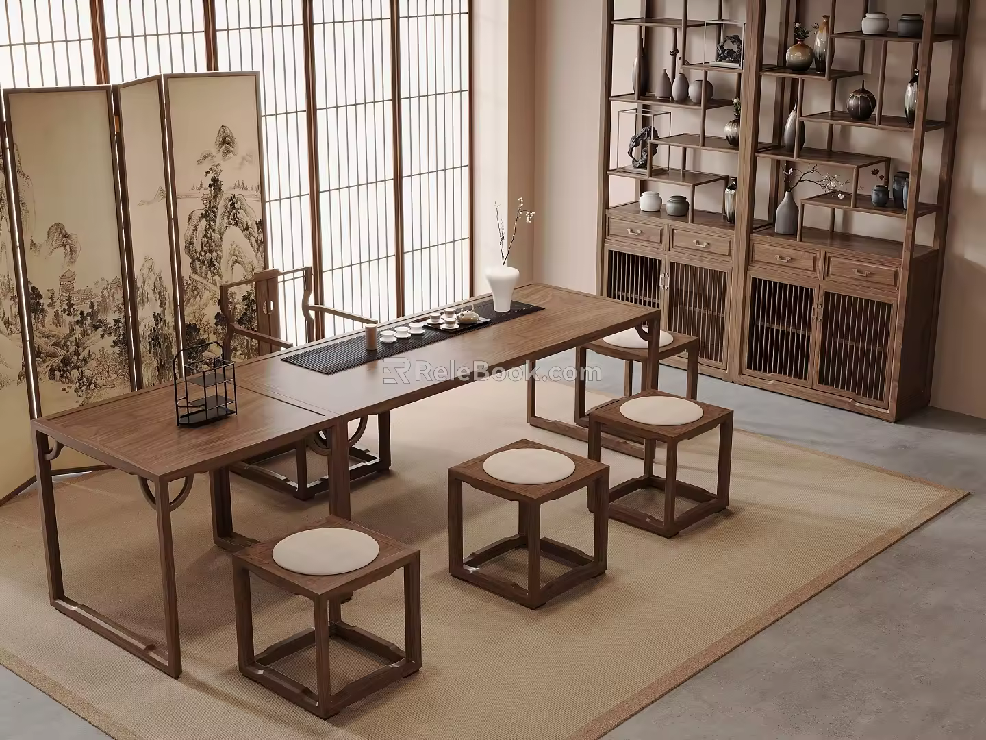 New Chinese Style Tea Room Tea Table and Chair Antique Frame Screen Partition 3d model