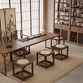 New Chinese Style Tea Room Tea Table and Chair Antique Frame Screen Partition 3d model