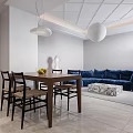 Modern Living Dining Room Interior With Blue Sofas Marble Coffee Table TV And Dining Table
