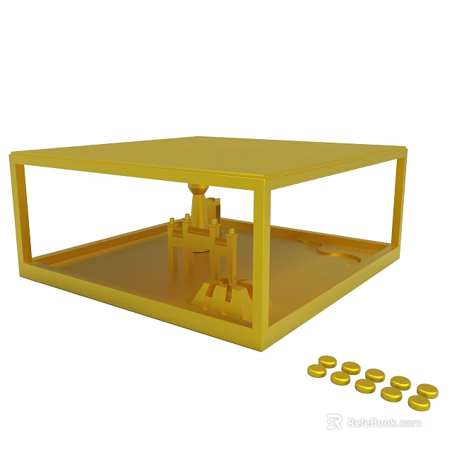 Golden Transparent Square Frame Display With Inner Structure And Small Discs 3d model 