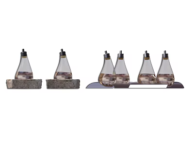 Decorative Glass Bottles With Liquid On Stone Base And Metal Tray Set 3d model