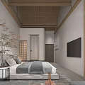 Modern Bedroom Interior With Wooden Ceiling Blinds TV And Gray Bedding