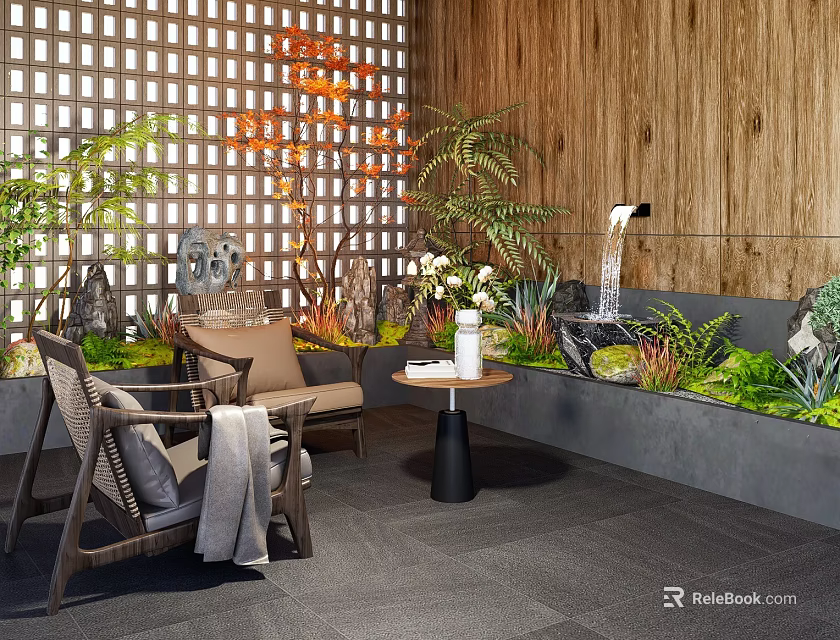 Indoor Landscape Design With Lattice Screen Wooden Wall Greenery Water Feature And Rattan Seating Area 3d model 