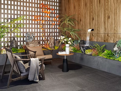 Indoor Landscape Design With Lattice Screen Wooden Wall Greenery Water Feature And Rattan Seating Area 3d model
