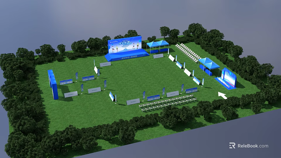 Outdoor Event Entrance With Green Lawn Blue Tents Seating And Tree Surroundings 3d model 